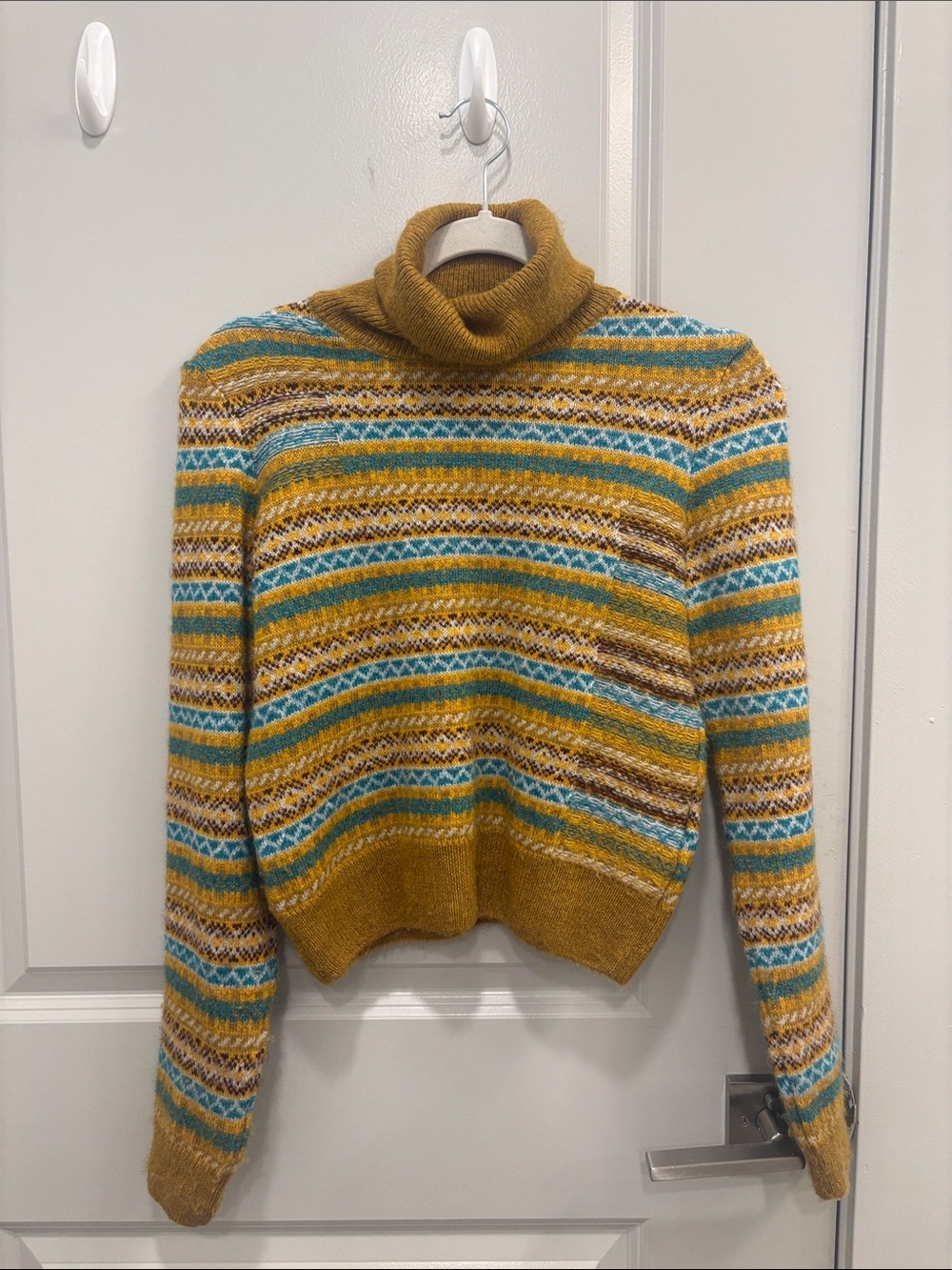 Maeve Mustard, Teal & Cream Striped Turtleneck Sweater